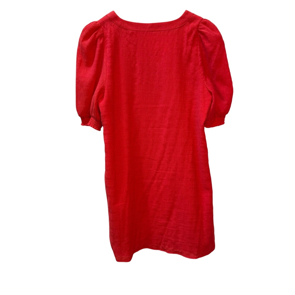 BB Dakota Steve Madden Coral Red Texture Puff Sleeve V-Neck Shift Dress Sz M - Picture 2 of 8